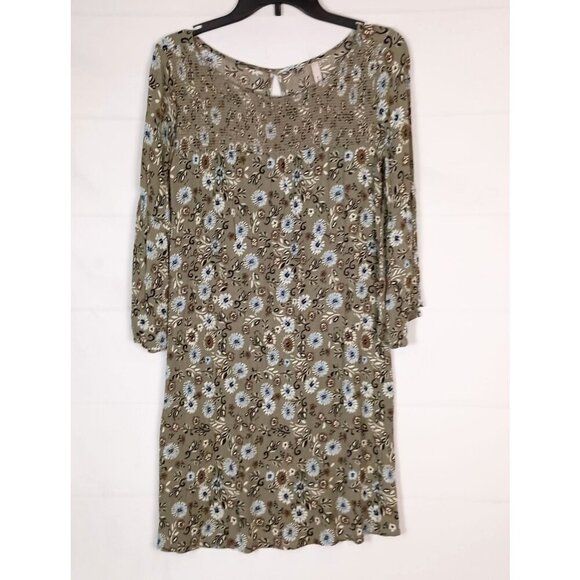 G.I.L.I. Dresses & Skirts - G.I.L.I. Green Floral Smocked Jersey Shift Dress Flared Sleeve S